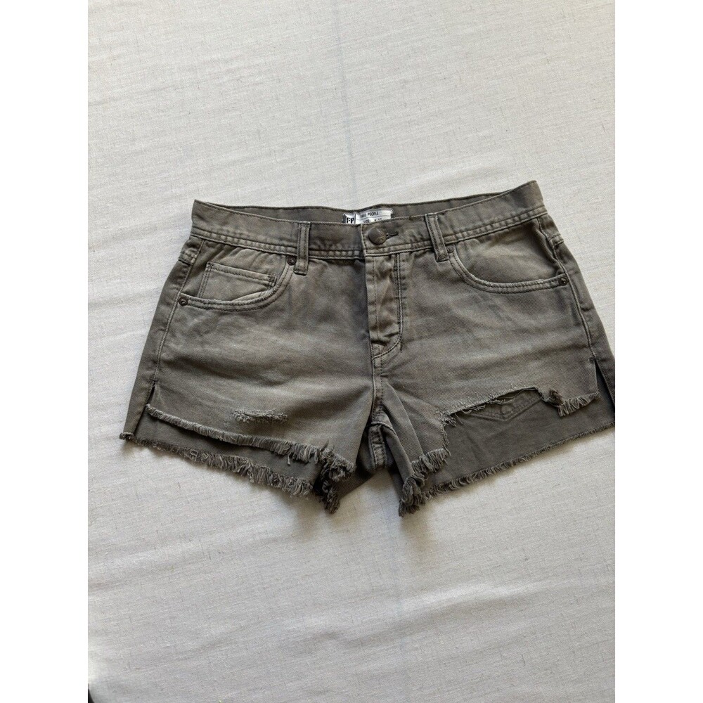 Free People Women’s 27 Grey Olive Cutoff Jean Shorts Distressed Button Fly